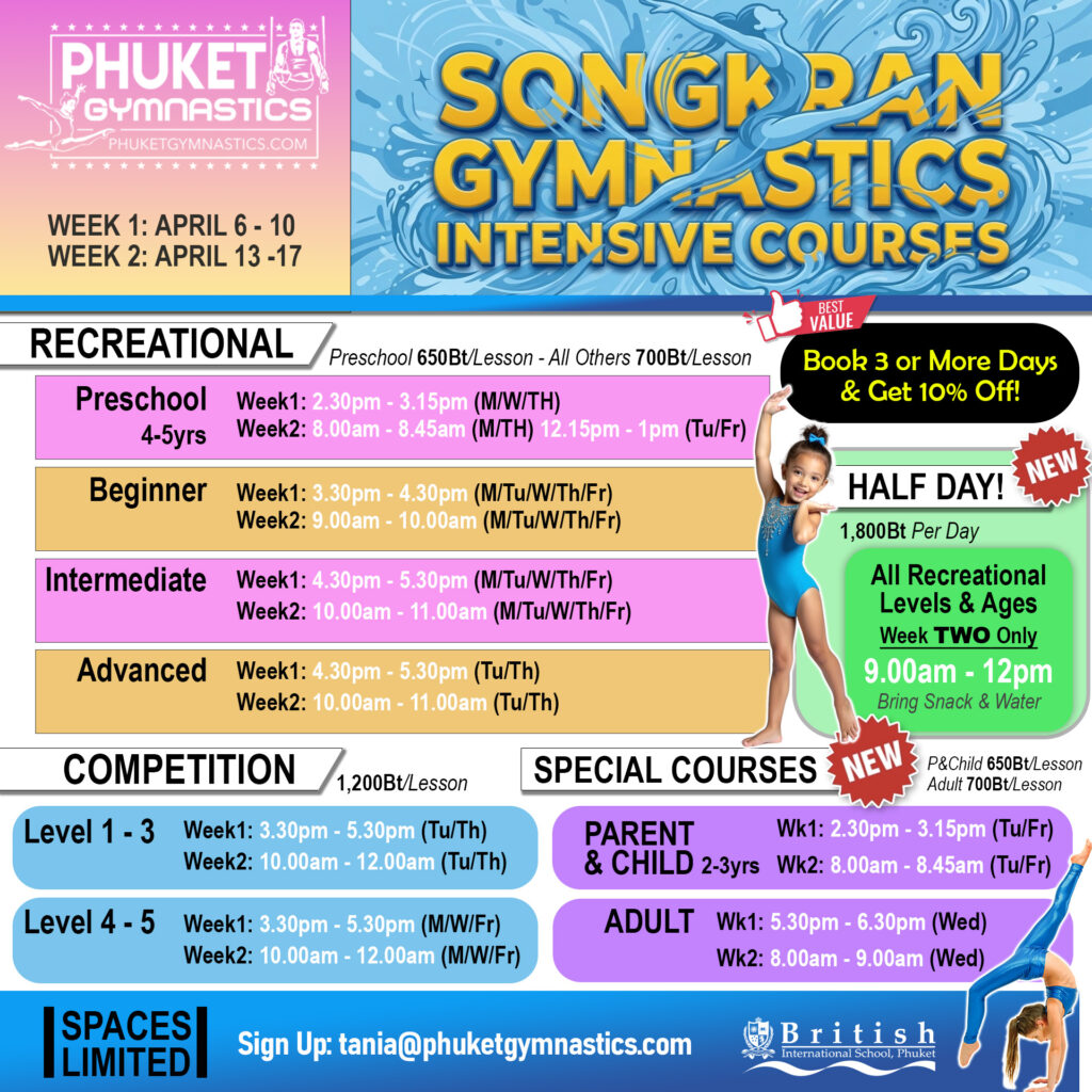 Songkran Holiday Program Schedule for Phuket Gymnastics at British International Gymnastics (BISP)