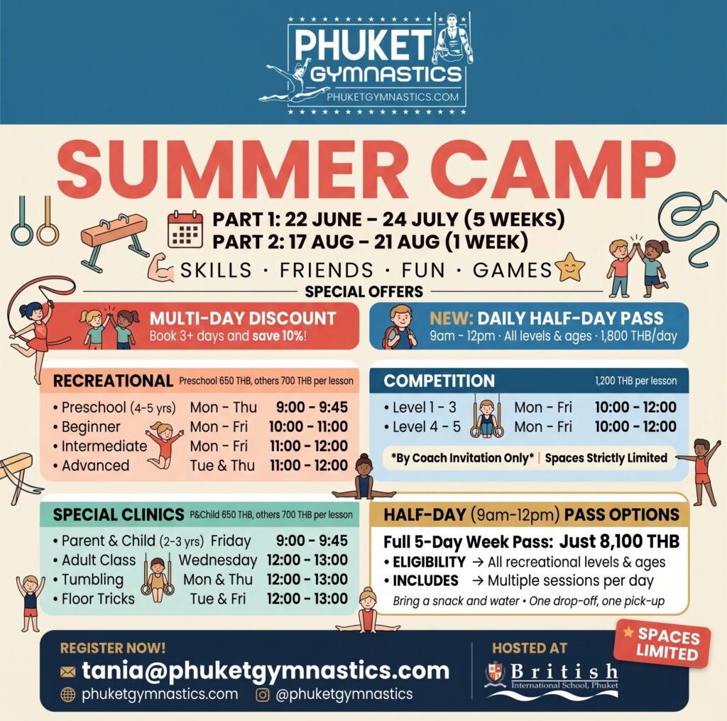 Phuket Gymnastics Summer Camp schedule and pricing flyer. Hosted at BISP, featuring recreational classes, special clinics, and half-day passes for kids in June, July, and August.