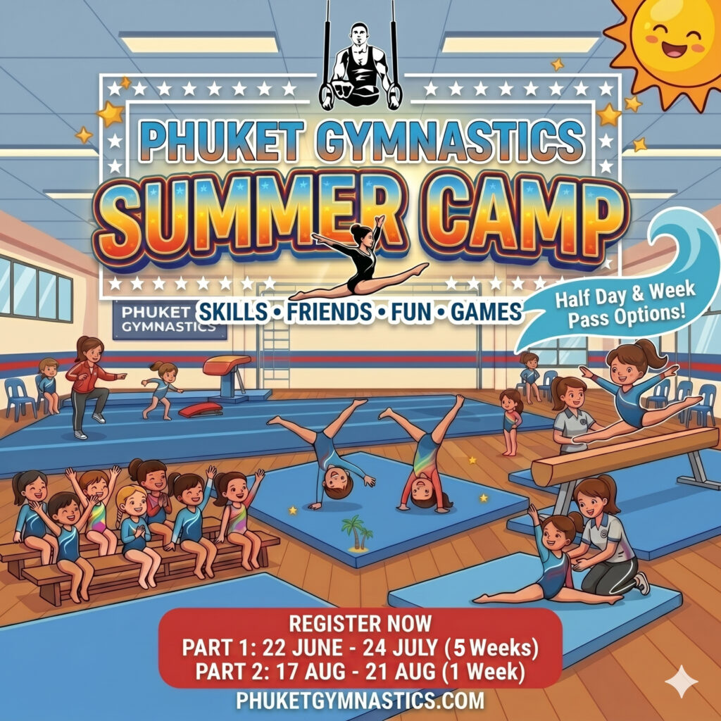 Phuket Gymnastics Summer Camp schedule and pricing flyer. Hosted at BISP, featuring recreational classes, special clinics, and half-day passes for kids in June, July, and August.